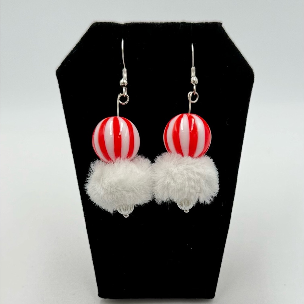 Candy Striped, Red and White Earrings with Fluffy Accents